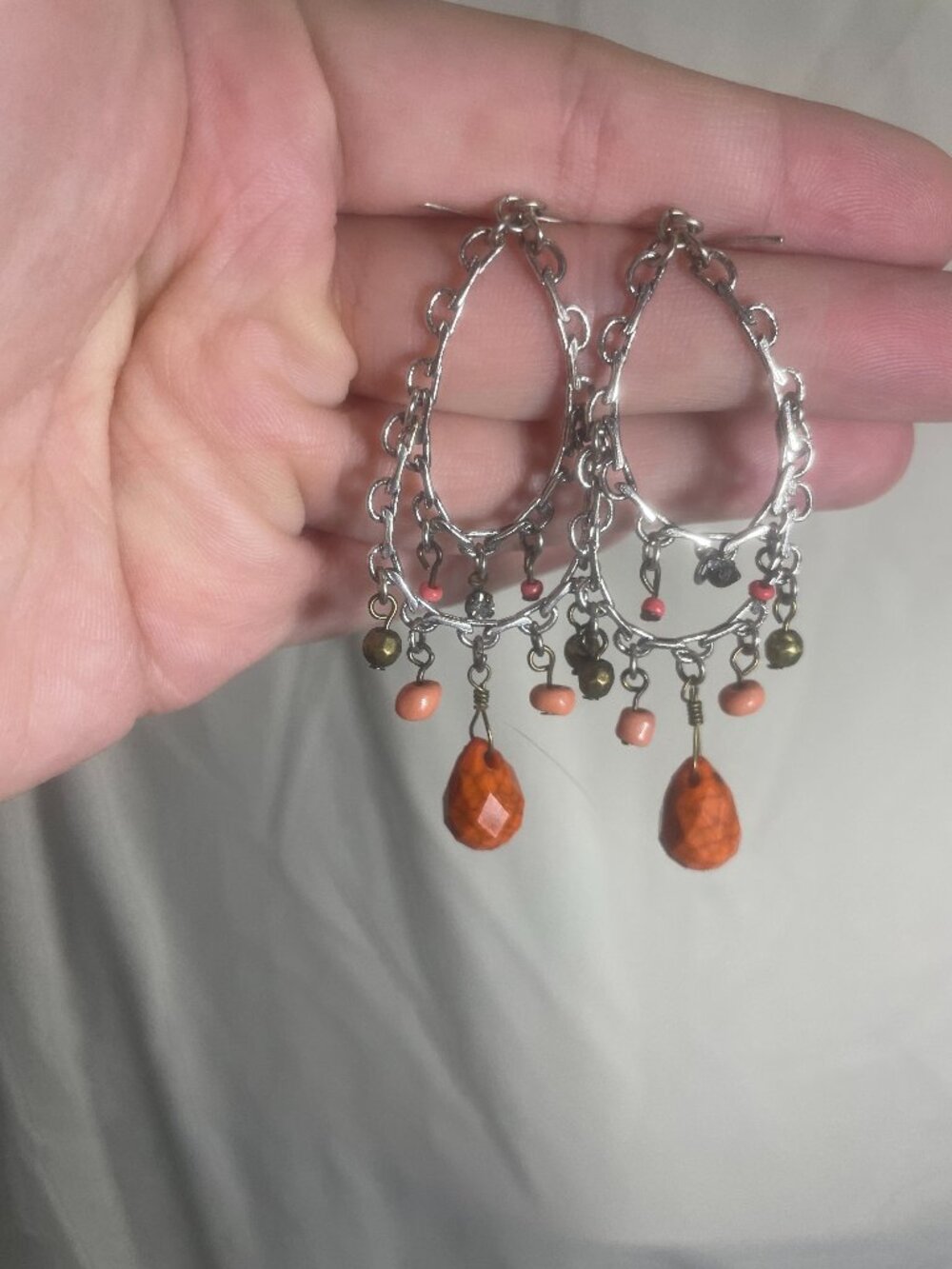 Boho Silver Tone Chandelier Earrings Orange Faceted Bead Dangle Drop 3.25"